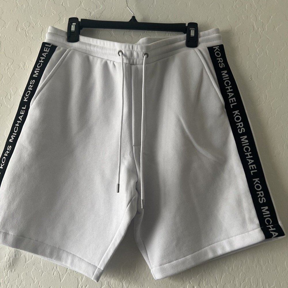 MICHAEL KORS Men's Logo-Tape Fleece Shorts CF2513Y46F White NEW with TAGS
